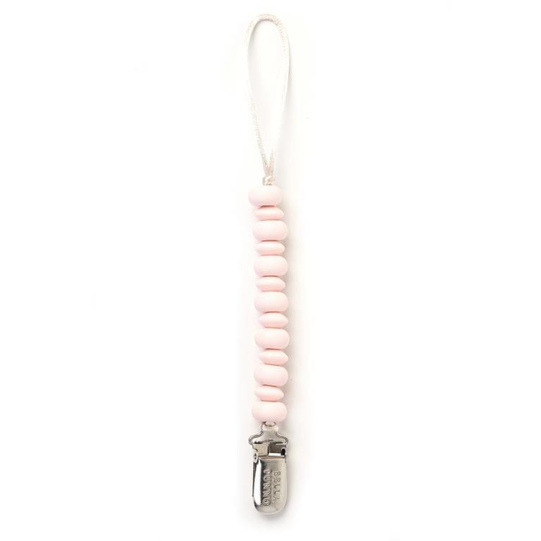 Bella Tunno light pink pacifier clip doubles as a teether and is dishwasher safe. 