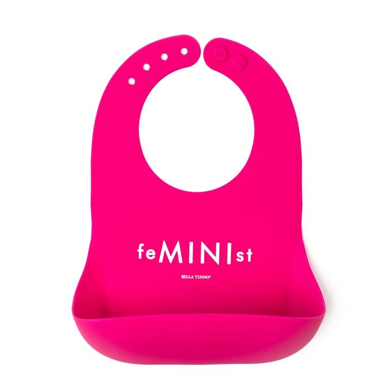 Bella Tunno wonder bib in a hot pink colour with the word Feminist on it. 4 adjustable neck sizes and a pocket to catch crumbs.