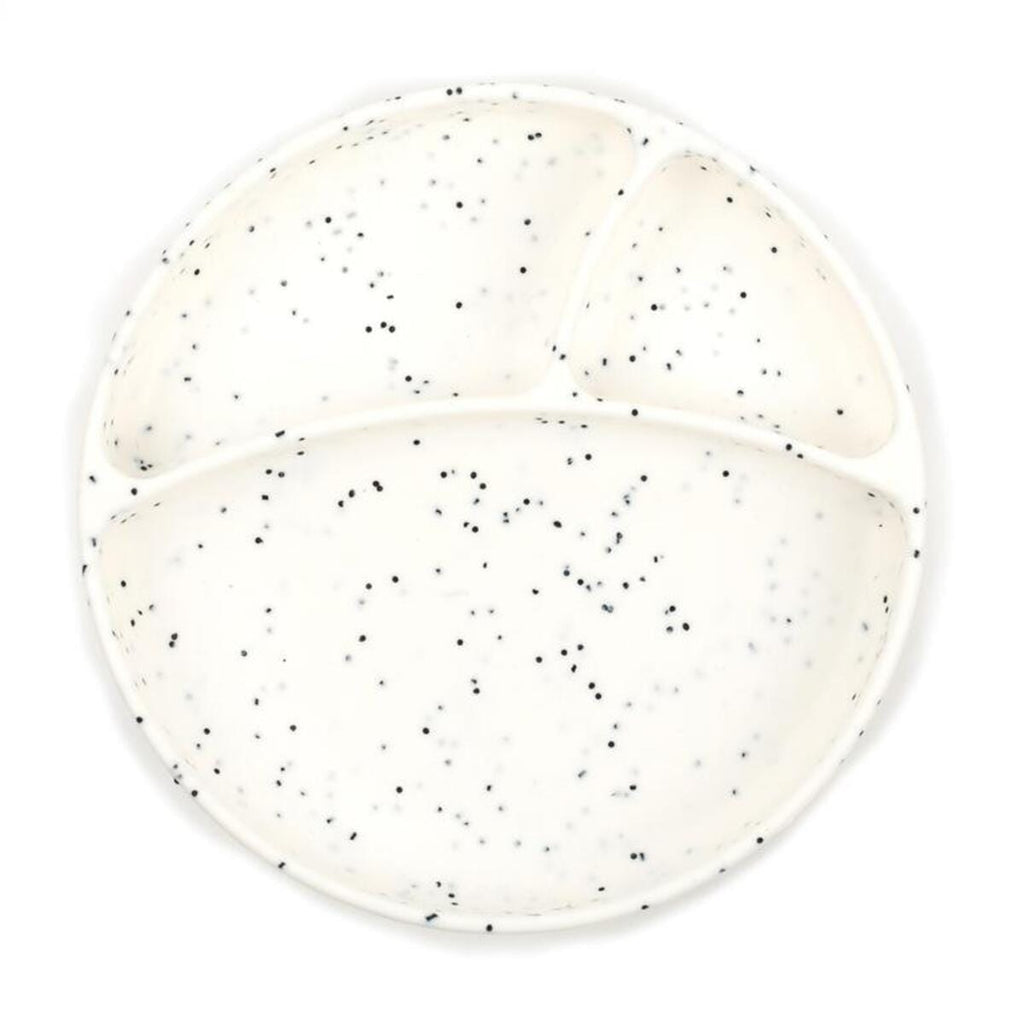 Bella Tunno white and black speckle plate suctions to the table and has 3 individual compartments to promote healthy eating habits. 