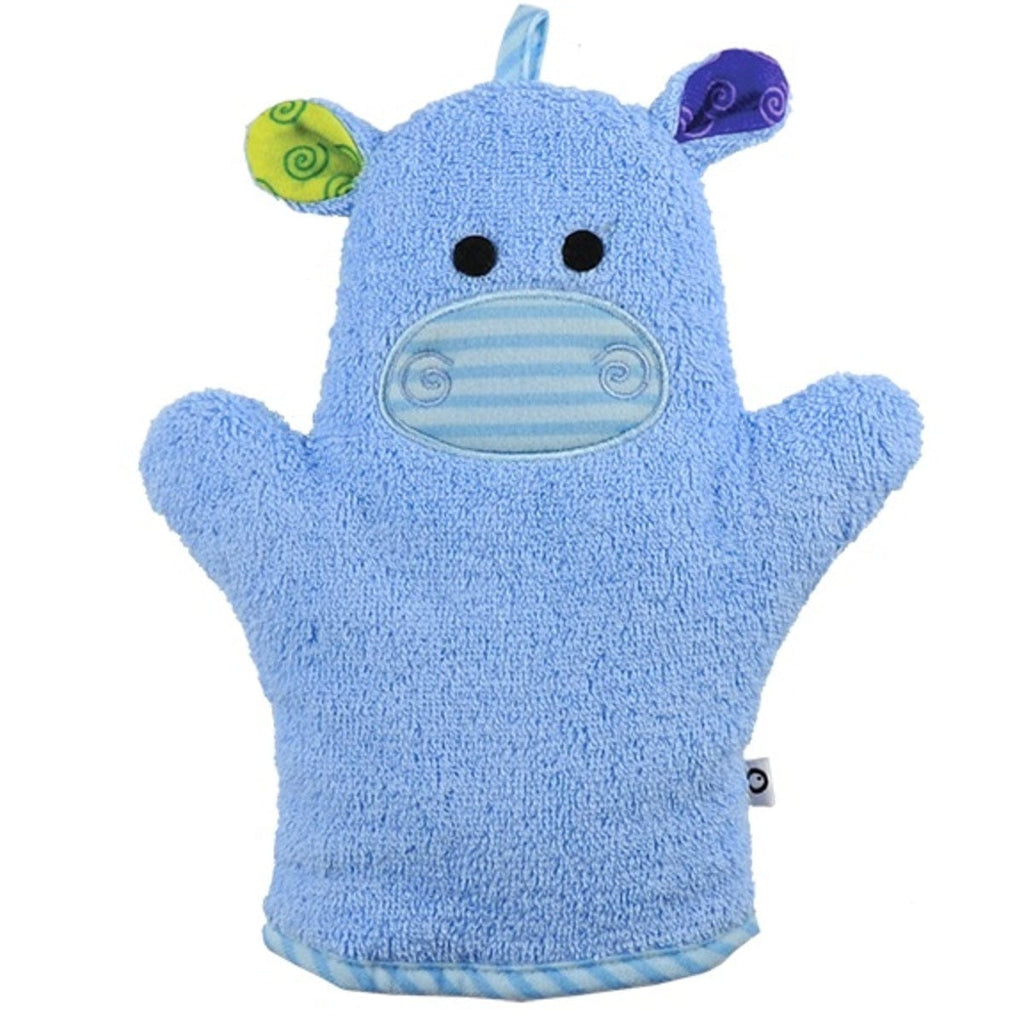 Blue hippo bath mitt has blue and green ears and a cute face.