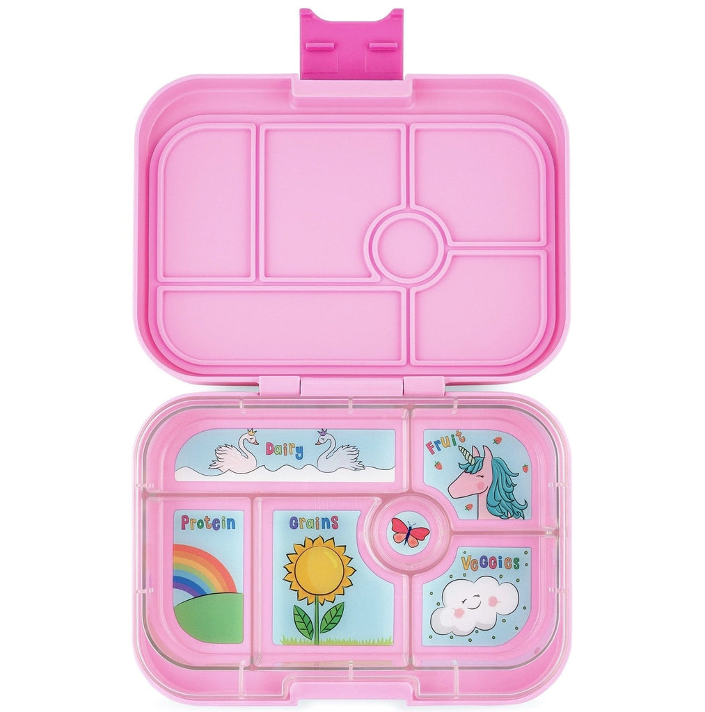 Pink Power bento style container with 6 separate removable sections for easy cleaning and a silicone lined lid. 