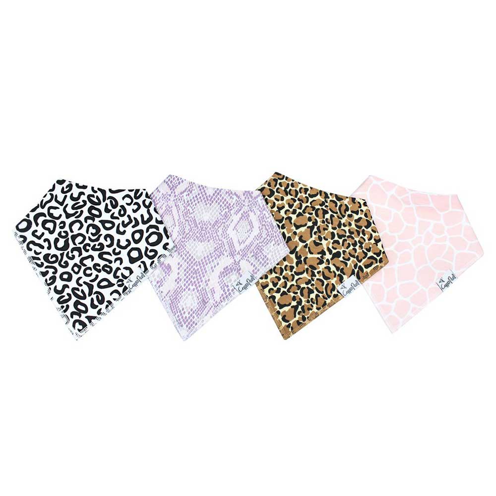 4 Copper Pearl bibs in different designs, one black and white cheetah print, one purple snakeskin, one brown cheetah print and one pink giraffe print.