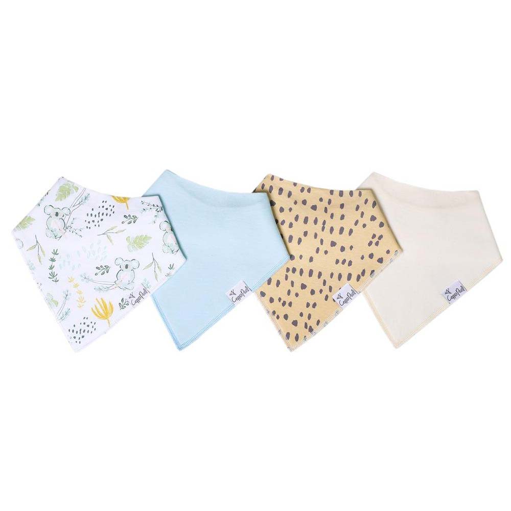 4 Copper Pearl triangle shaped bibs, one with koalas, one in light blue, one tan with brown spots and a cream coloured one.