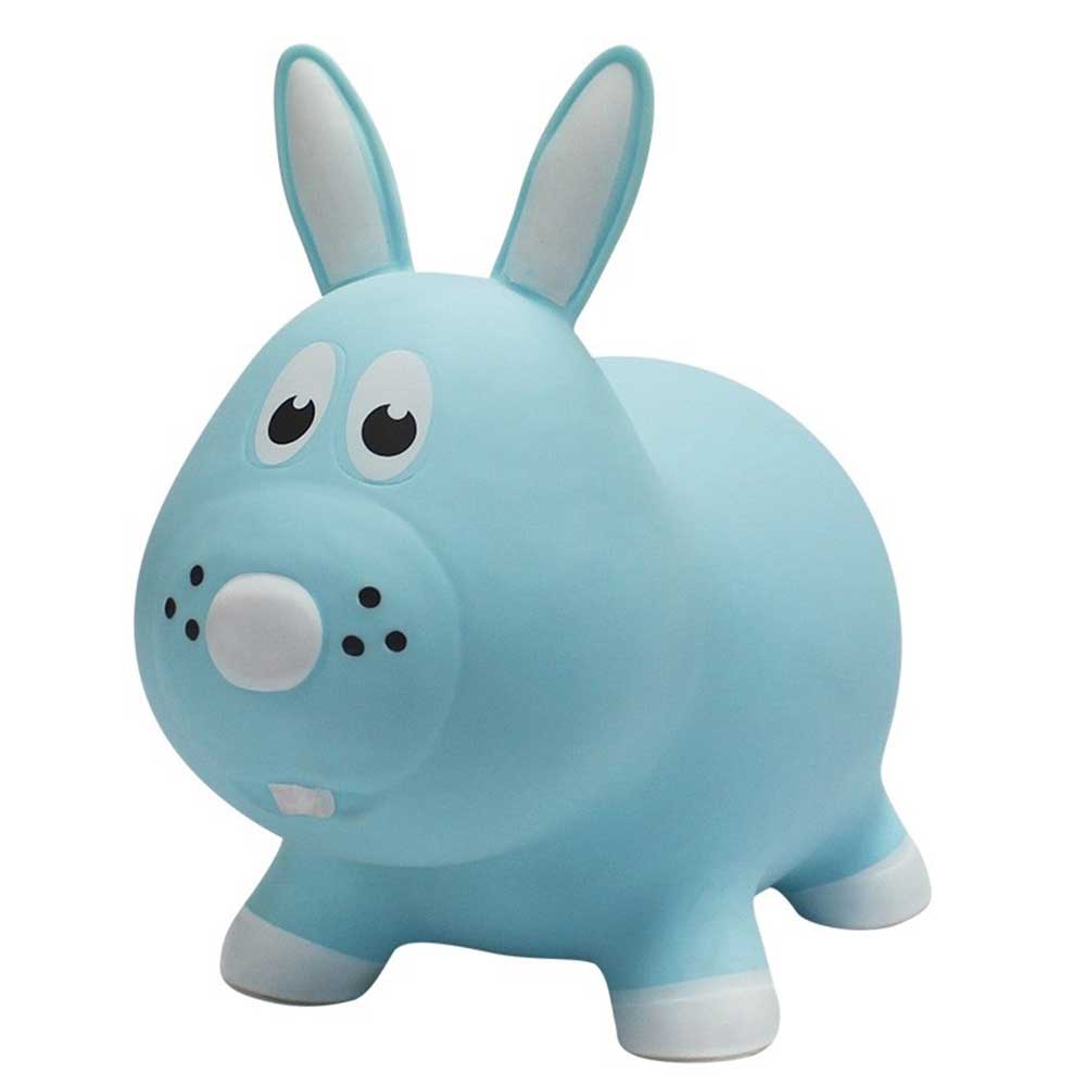 A bouncy blue rabbit with white on its paws, ears and nose. The ears are perfect for tiny hands to hold.
