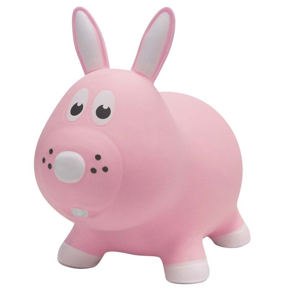 Pink bouncy rabbit with white ears, paws, and nose. The ears are perfect for tiny hands to hold.