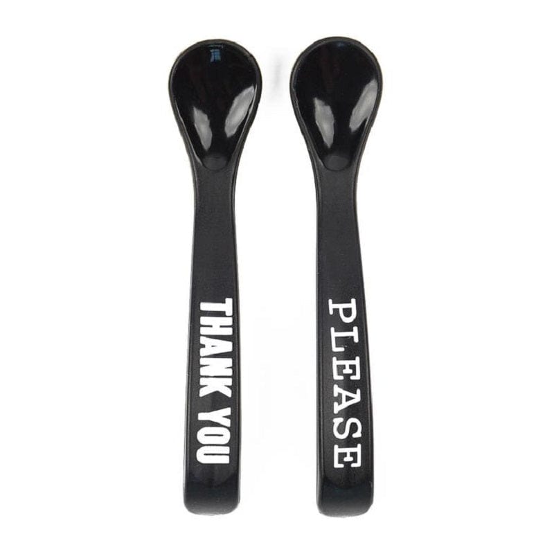 Bella Tunno's black silicone spoons, one says, "Please" and the other says, "Thank you" in white lettering.
