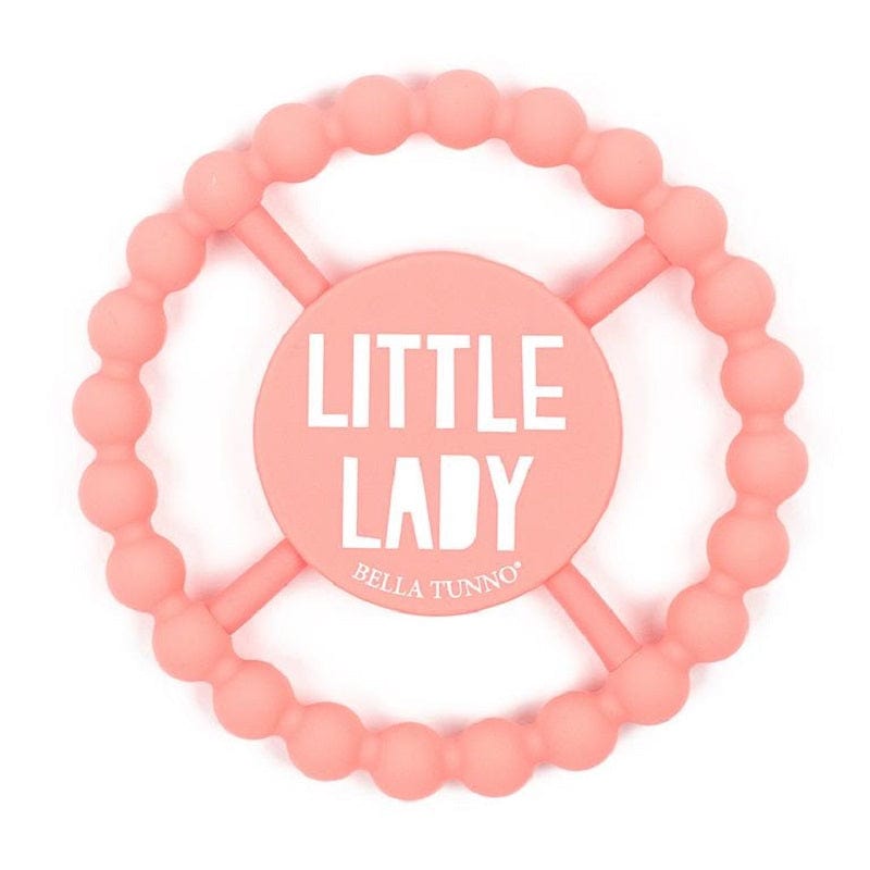 Circular Salmon teether that says, "Little Lady" in bold white lettering.