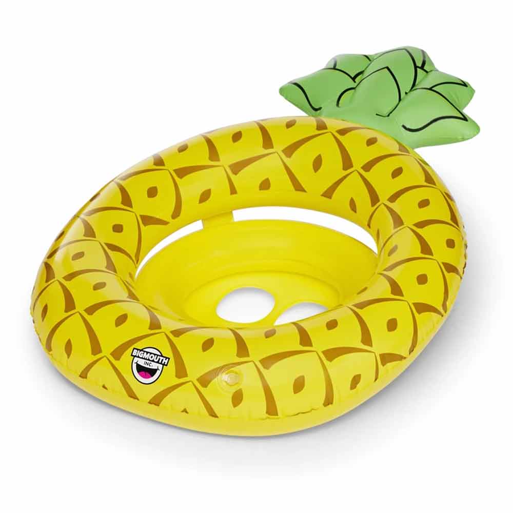 A yellow float with a pineapple design. There is and area that sticks out which resembles the crown of a pineapple.\