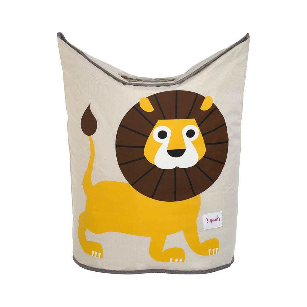 3 Sprouts laundry hamper with 2 large handles and mesh bottom. Grey piping edged the tan  material with a yellow lion on the front.