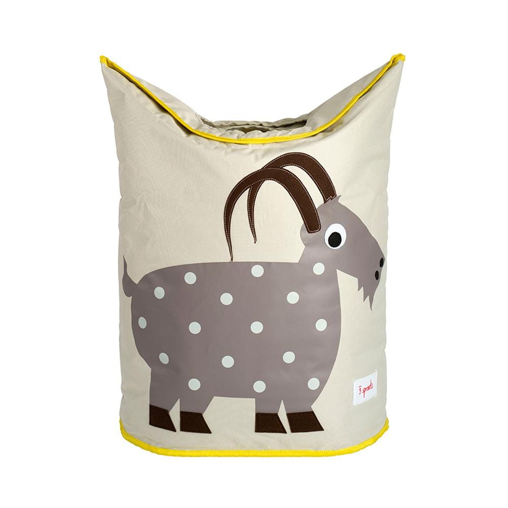 3 Sprouts laundry hamper with 2 large hampers and mesh bottom. Yellow piping edged the tan  material with a grey goat on the front.