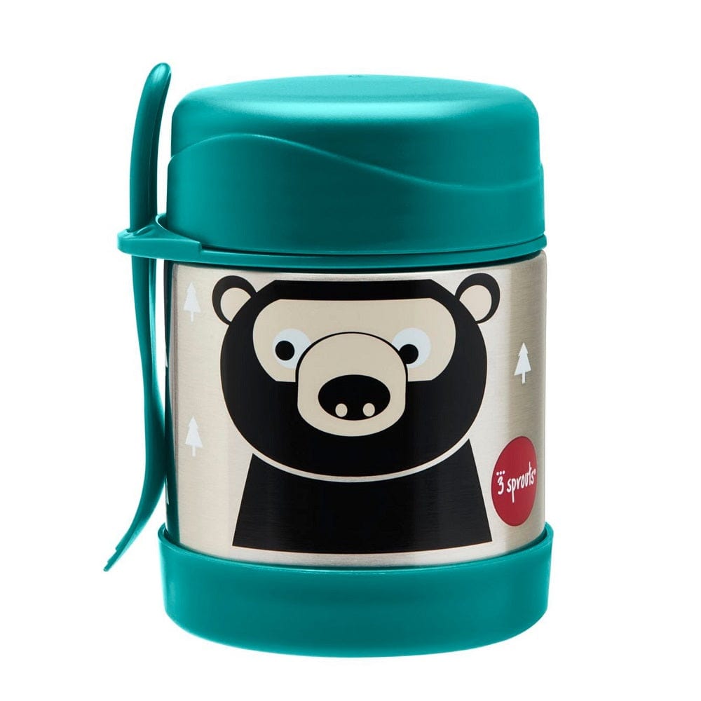 3 sprouts stainless steel food jar. Teal bottom, lid and spork. Black bear decal.