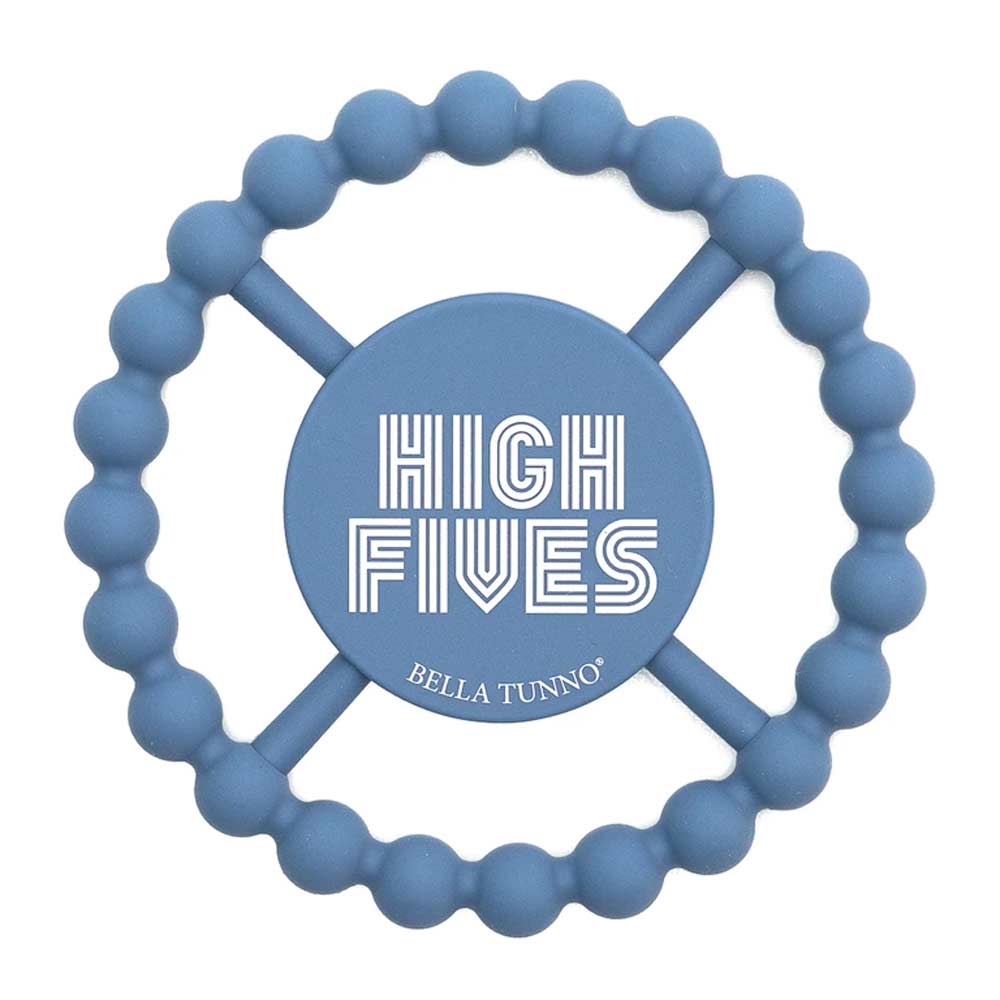 Bella Tunno Teether that's blue and says "High Fives"