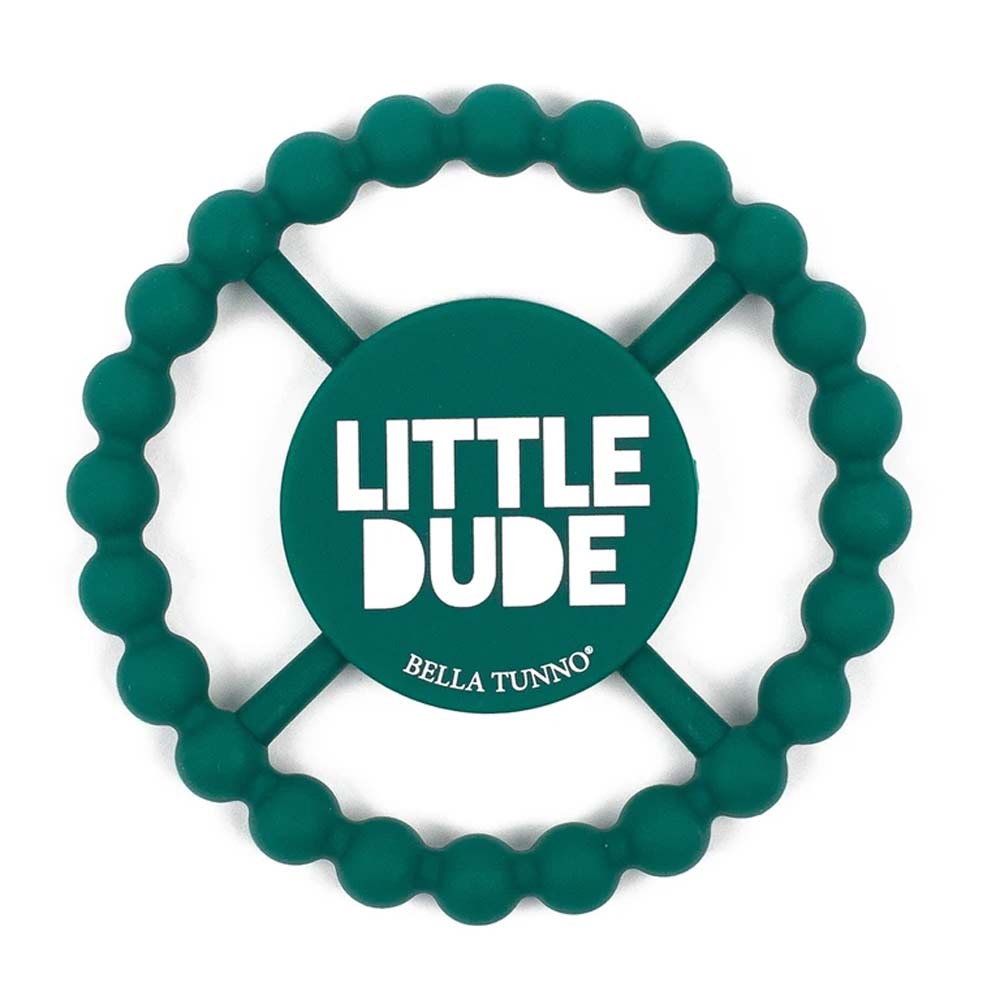 Bella Tunno Teether that's green and says "Little Dude"
