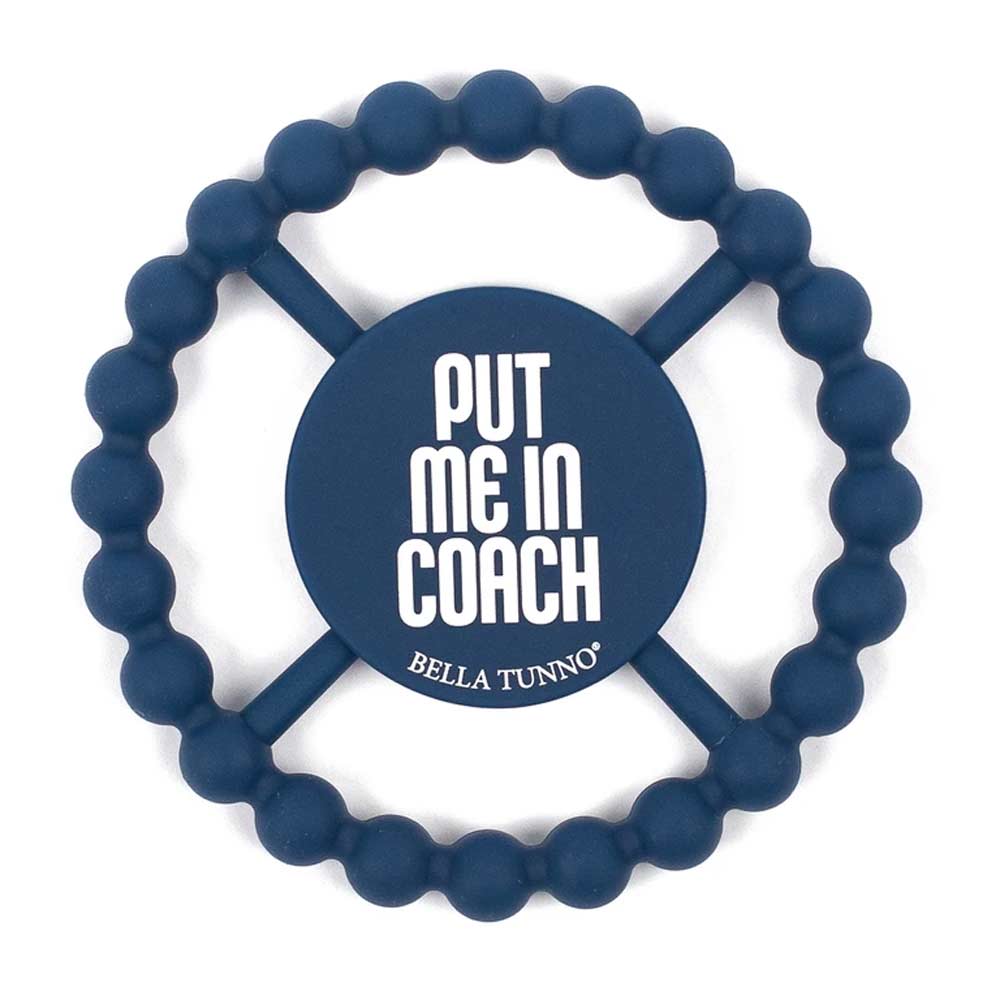 Bella Tunno Teether that's dark blue and says "Put Me In Coach"