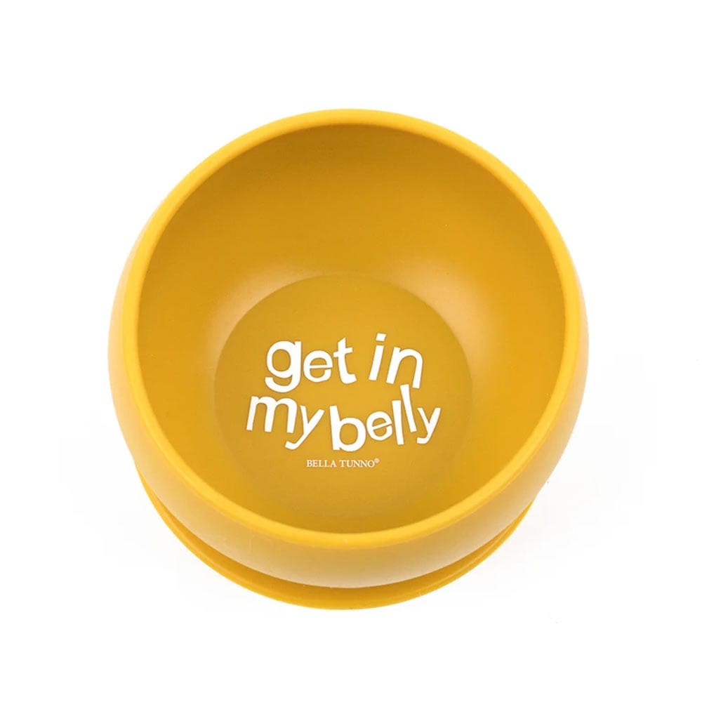 Bella Tunno Wonder Bowl that's yellow and says "Get In My Belly"