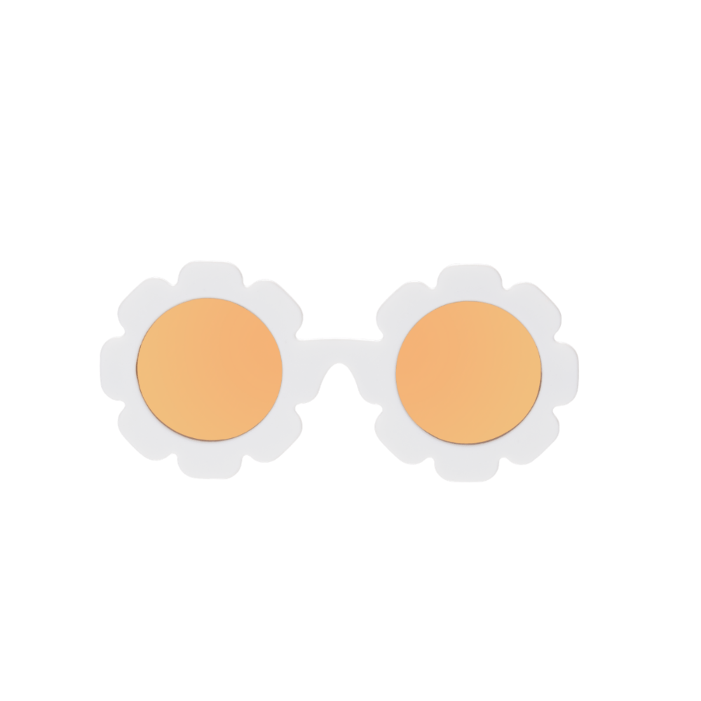 Babiators sunglesses shaped like daisies have a white frame and yellow polarized lenses.