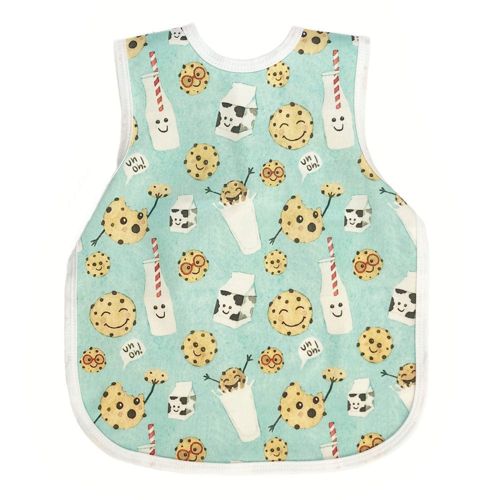 Bapron- bib apron is a hybrid between the two. It is full coverage and ties in the back. This one has a white trim and has milk and cookies with fun faces. 