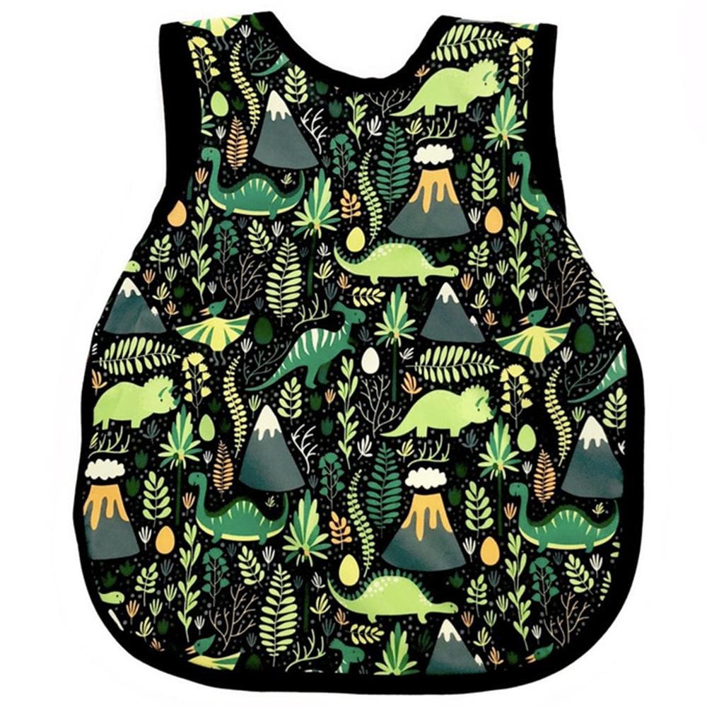 Bapron- bib apron is a hybrid between the two. It is full coverage and ties in the back. This one has a black trim and is covered with friendly dinosaurs!