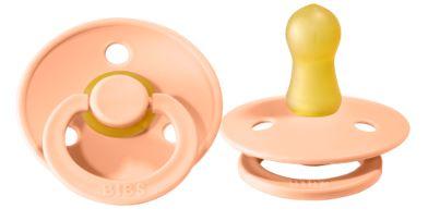 Bibs natural silicon pacifiers 2 pack, peach sunset. 100% BPA-free, circular design. Supports and comforts infants.