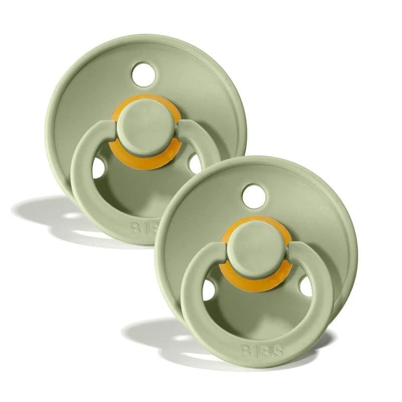 Bibs natural silicon pacifiers 2 pack, in sage. 100% BPA-free, circular design. Supports and comforts infants.