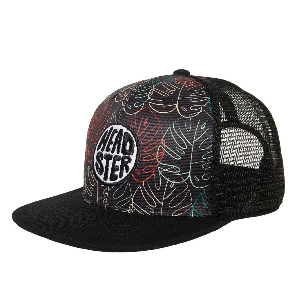 Headster hat is black with a mesh back. It has green, yellow and red leaves on it.