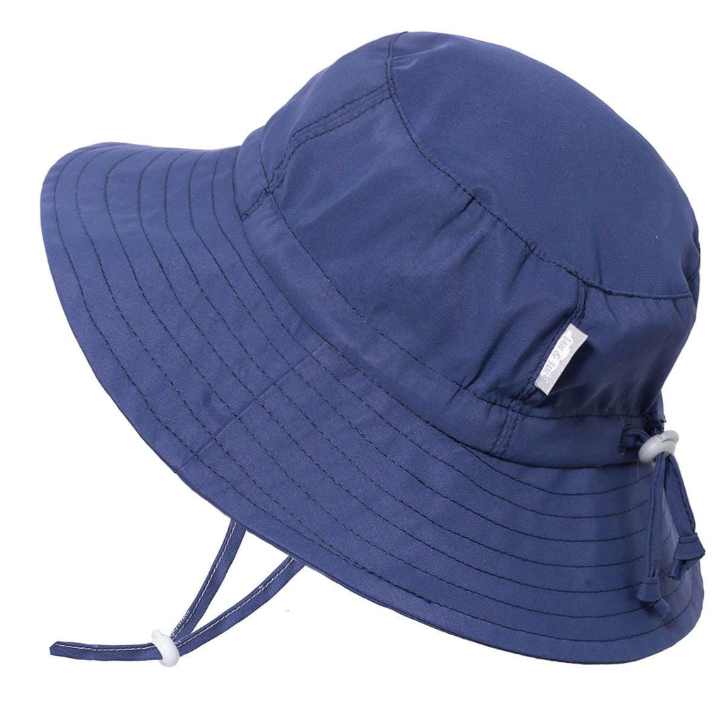 Jan & Jul adjustable navy bucket hat with chin strap.