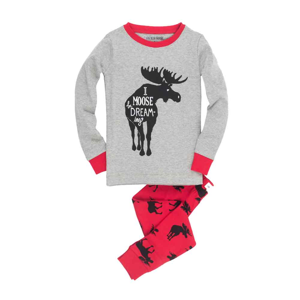 Little Blue House Kids Appliqué Pajama Set - Moose on Red By LITTLE BLUE HOUSE Canada -