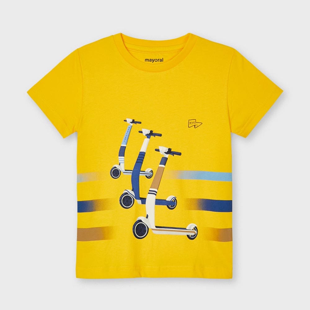 Yellow t-shirt has three scooters on it and three stripes. 