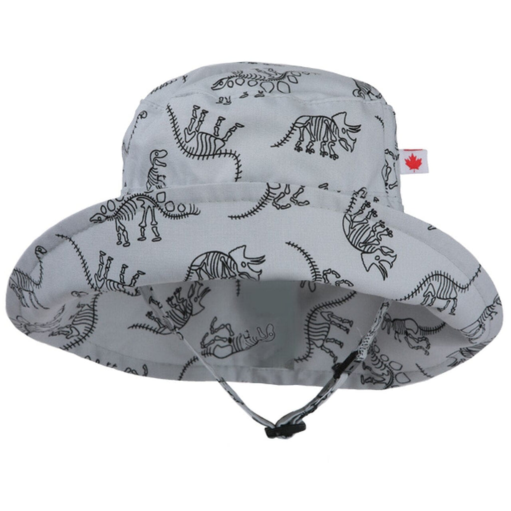 Snug as a bug adjustable sunhat has dinosaur bones on it. It has an adjustable chinstrap to fit many sizes.